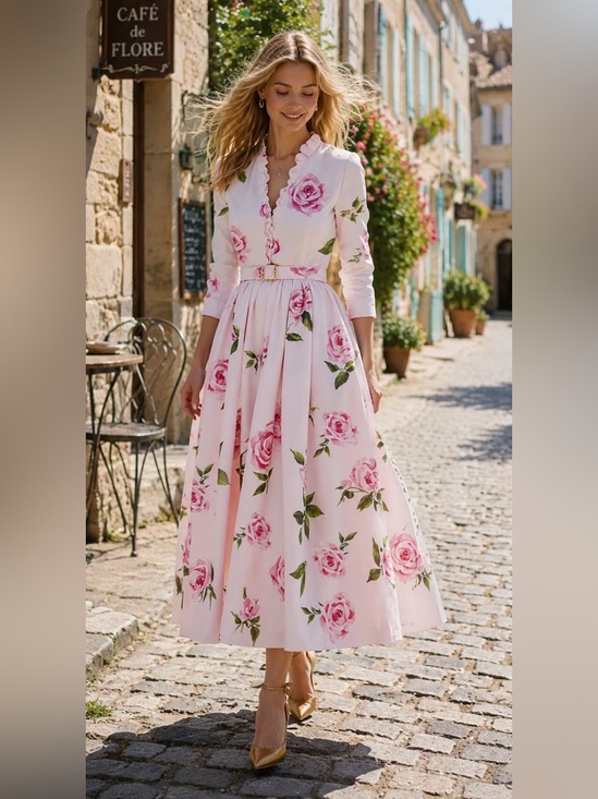 Linen Vibes/ Chillinen Dresses & Skirts - Chillinen / Linen Vibes Pink Rose-Print Midi Dress with Belt # 183